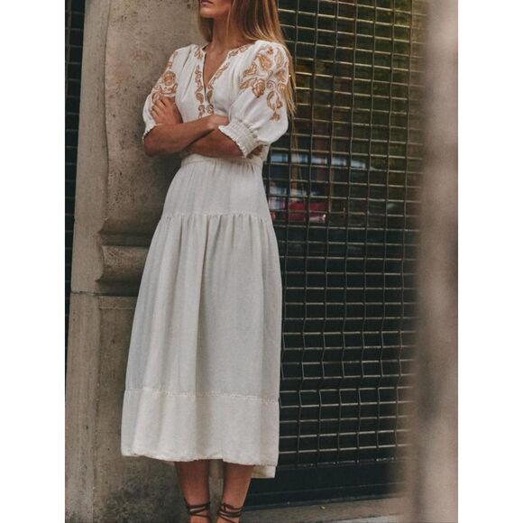 Cartolina Nantucket Dresses & Skirts - Cartolina Lizette Linen Blend Embroidered Belted Puff Sleeve Ivory Midi Dress M
